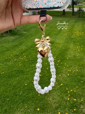 Gold Bow Heart Pearl Beaded Phone Wristlet